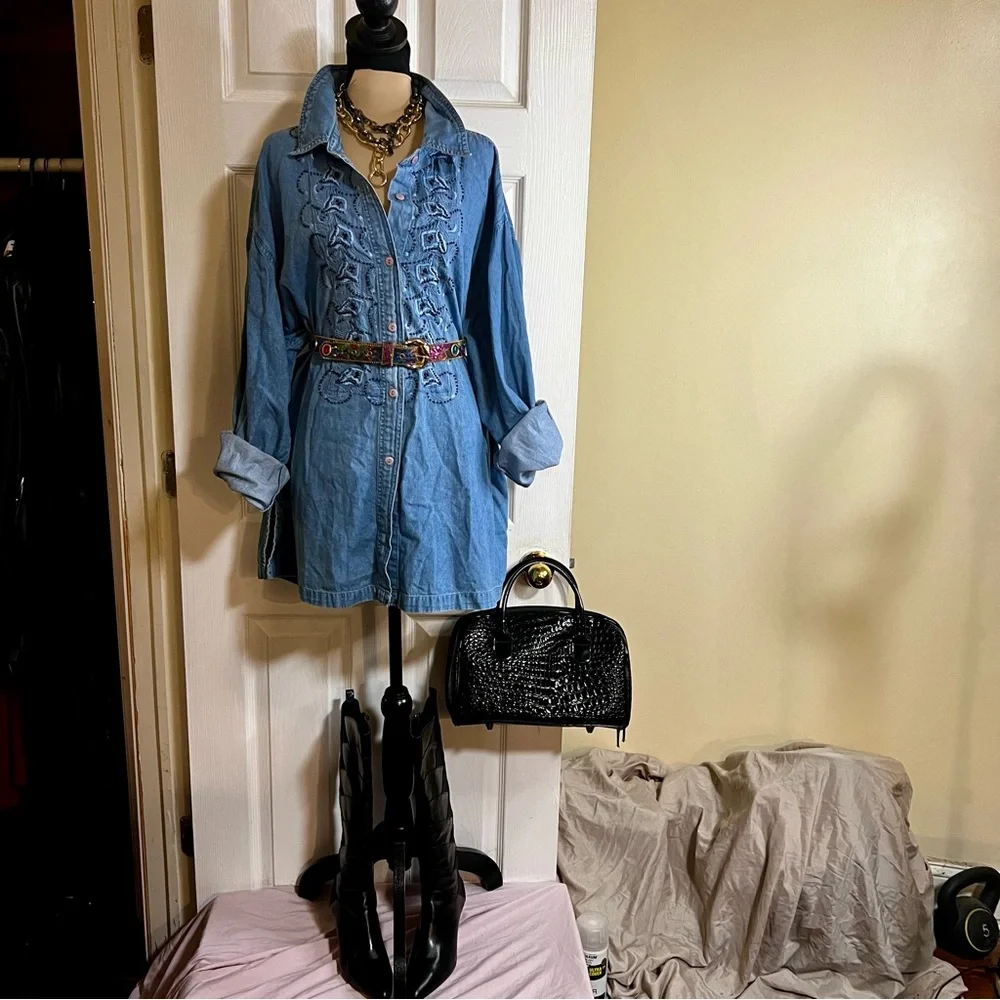 Wms Vtg 90s Cotton Denim Beaded Embroidered Plus Size Casual Boho Shirt Blue 4X